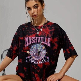 Tie Dye Letter Rock Music Guitar Print Tee, Summer Round Neck Casual Sports T-shirts, Women's Clothing