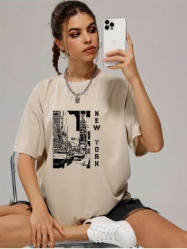 Retro Letter & City Street Print Pullover Shirt, Fashion Crew Neck Short Sleeve Tee, Women's Clothing
