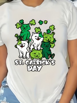 St.Patrick's Day Clover And Cat Print Sports T-shirt, Round Neck Short Sleeves Running Fitness Tops, Women's Activewear
