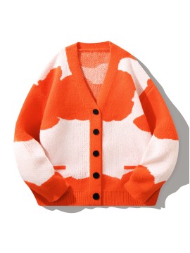 Men's Stylish Color Matching Loose Knitted Cardigan, Casual Medium Stretch Breathable Long Sleeve V Neck Button Up Top For City Walk Street Hanging Outdoor Activities