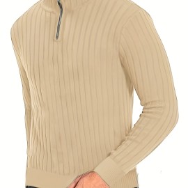 Men's Stand Collar Solid Knit Sweater , Men's Casual Lapel Slightly Stretch V-Neck Pullover Sweater For Men Winter Fall
