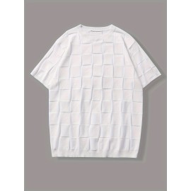 Men's Stylish Checkered Pattern Knitted Pullover, Casual Breathable Short Sleeve Crew Neck Top For City Walk Street Hanging Outdoor Activities