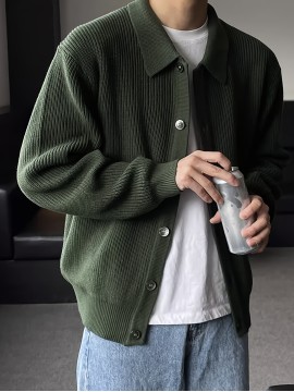 Men's Stylish Solid Loose Cardigan, Casual Mid Stretch Breathable Long Sleeve Lapel Top For City Walk Street Hanging Outdoor Activities